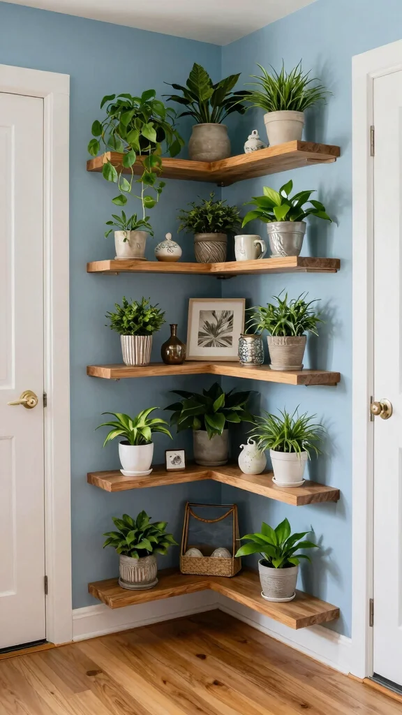 13 Hallway Built-In Ideas for a Seamless Custom Storage and Display - 5. Corner Shelves for Unused Spaces 1