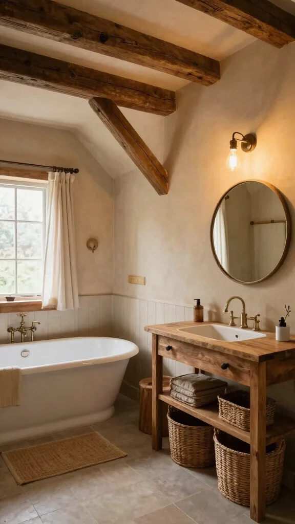 14 Attic Bathroom Concepts for a Beautiful Functional Top-Floor Space - 2. Rustic Retreat: Exposed Beams and Vintage Charm 1