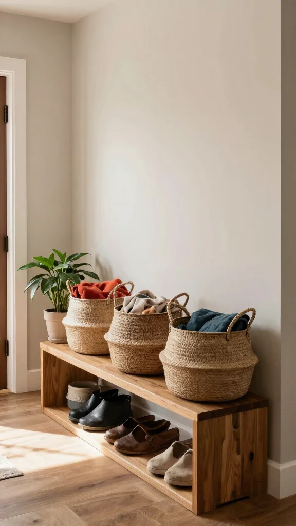 14 Entryway Storage Solutions That Keep Your Entrance Clutter-Free and Stylish - 3. Stylish Baskets for a Boho Touch 1