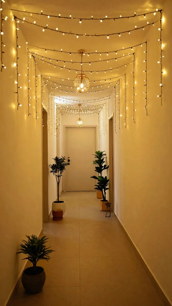 14 Hallway Lighting Ideas for a Bright Layered Beautiful Entrance - 12. Decorative String Lights 1