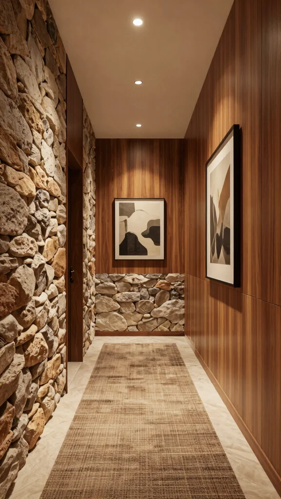 Hallway Panelling: 12 Textured Wall Ideas for a Timeless Architectural Detail - 10. Stone and Wood Fusion 1