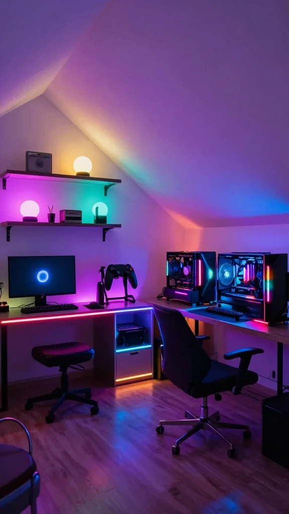 The Best 13 Attic Gaming Room Ideas for the Ultimate Top-Floor Setup - 10. Colorful LED Accents 1