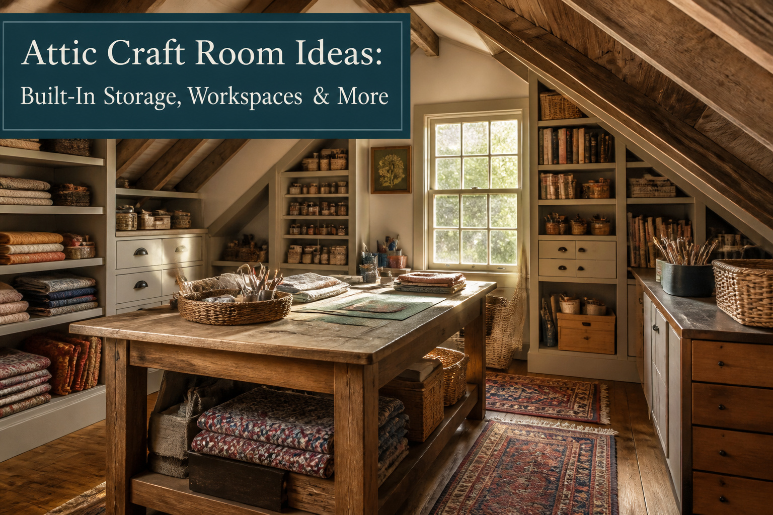 Attic craft room with built-in storage and natural light from a window.