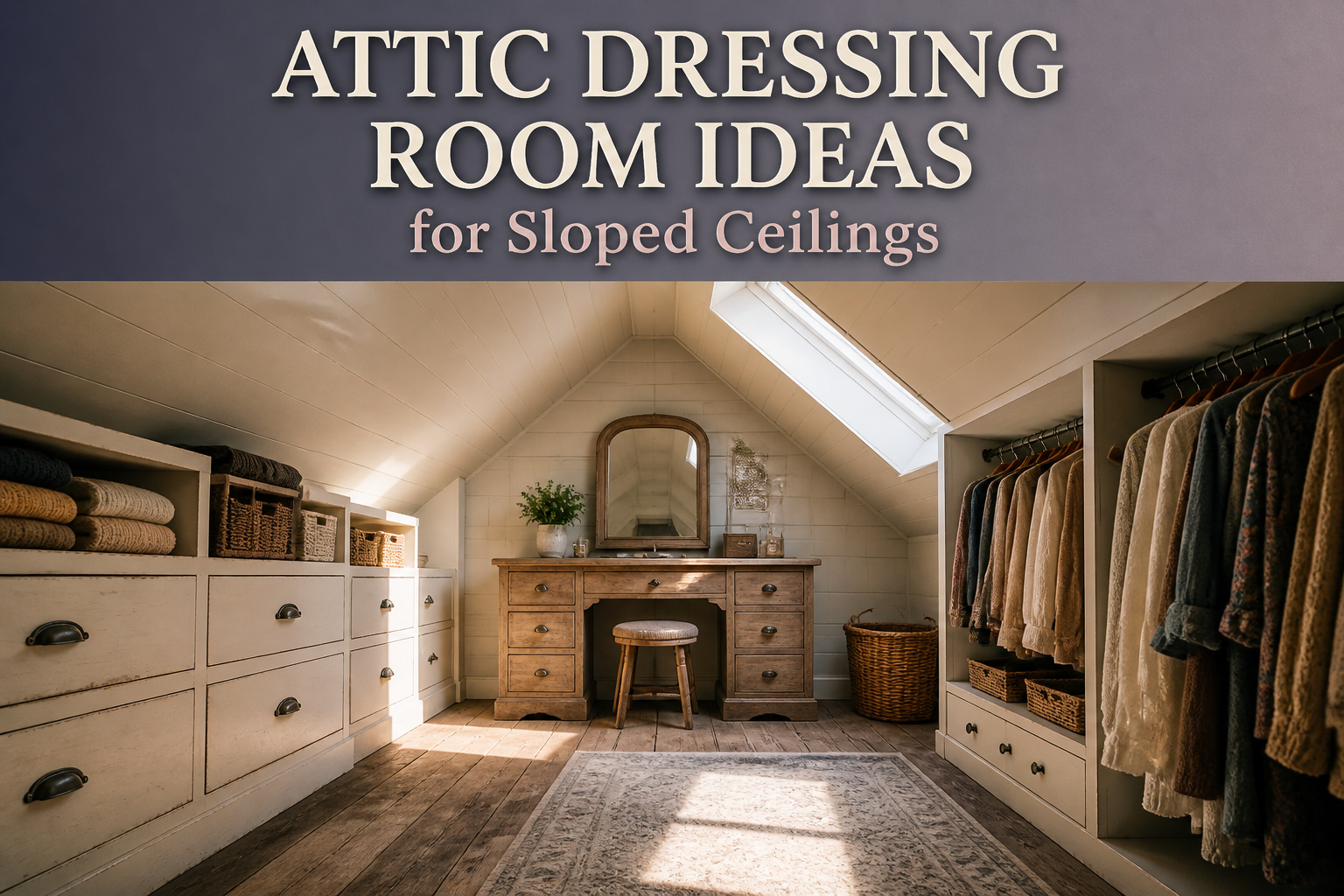 Attic dressing room with sloped ceiling, custom storage, and natural light.