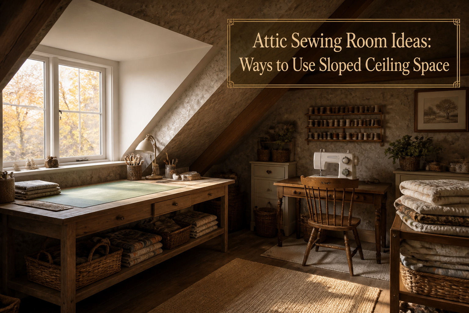 An attic sewing room featuring sloped ceilings, storage, and natural light.