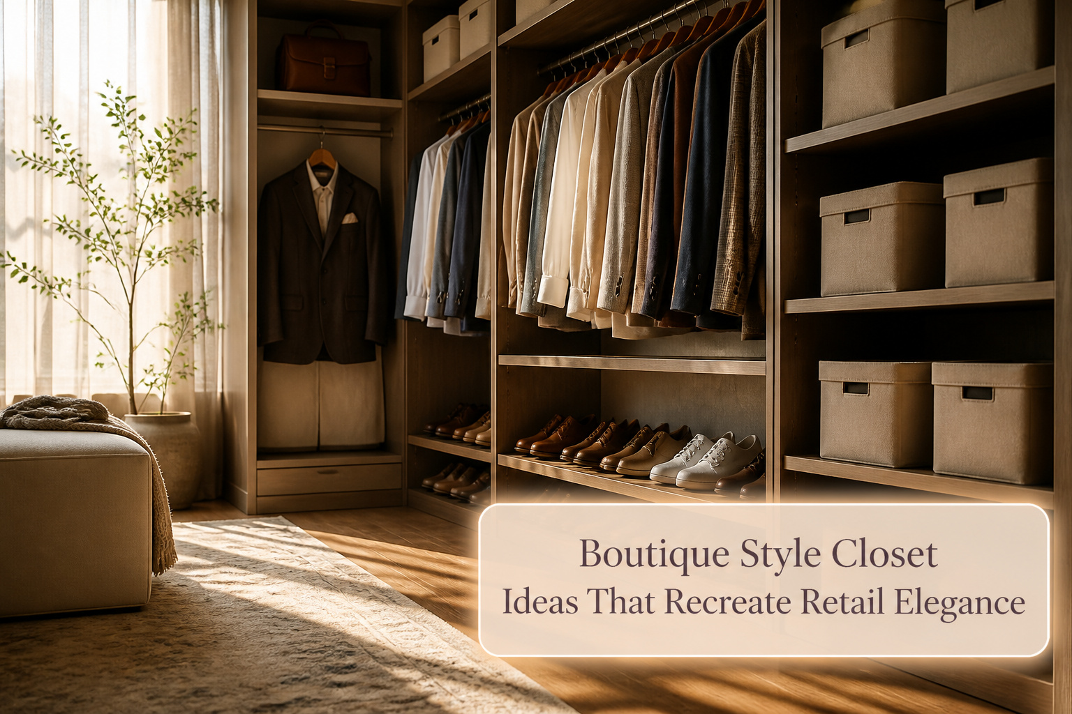 A stylish closet displaying shoes and bags on open shelves with warm lighting.