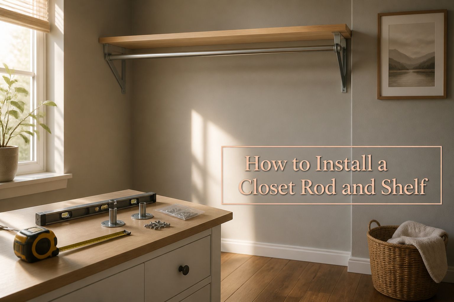 An organized closet with a rod and shelf installed.